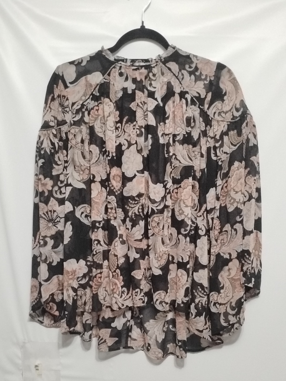 LOFT Black & Cream Semi-Sheer Floral Long-Sleeve Peasant Blouse